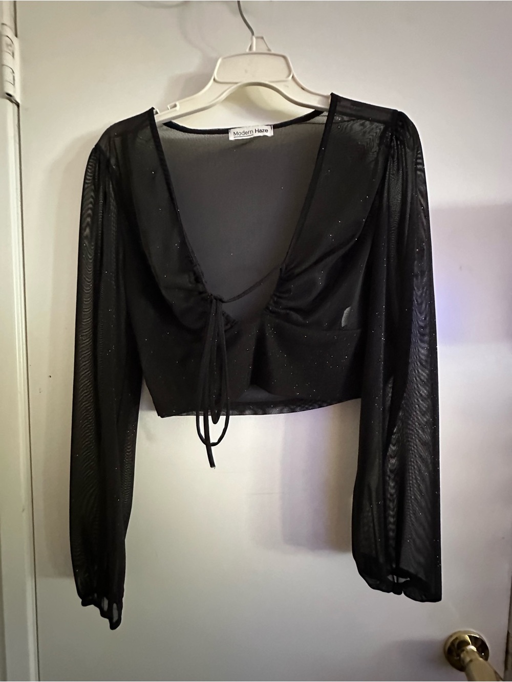 Black Sheer Ruched Tie-Front Crop Top